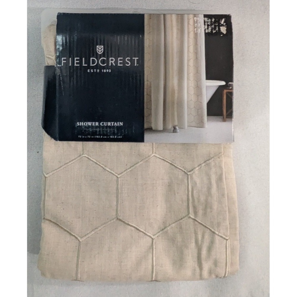 Fieldcrest Shower Curtain Unisex 72x72 Beige New Hexagon Embroidered Linen Blend